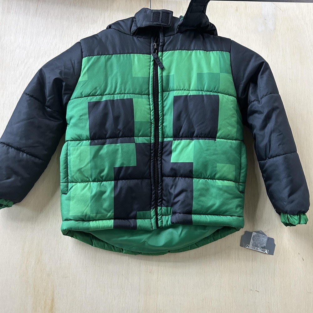 Minecraft Jacket Kids 8 Green Creeper Puffer Hooded Full Zip Winter Coat
